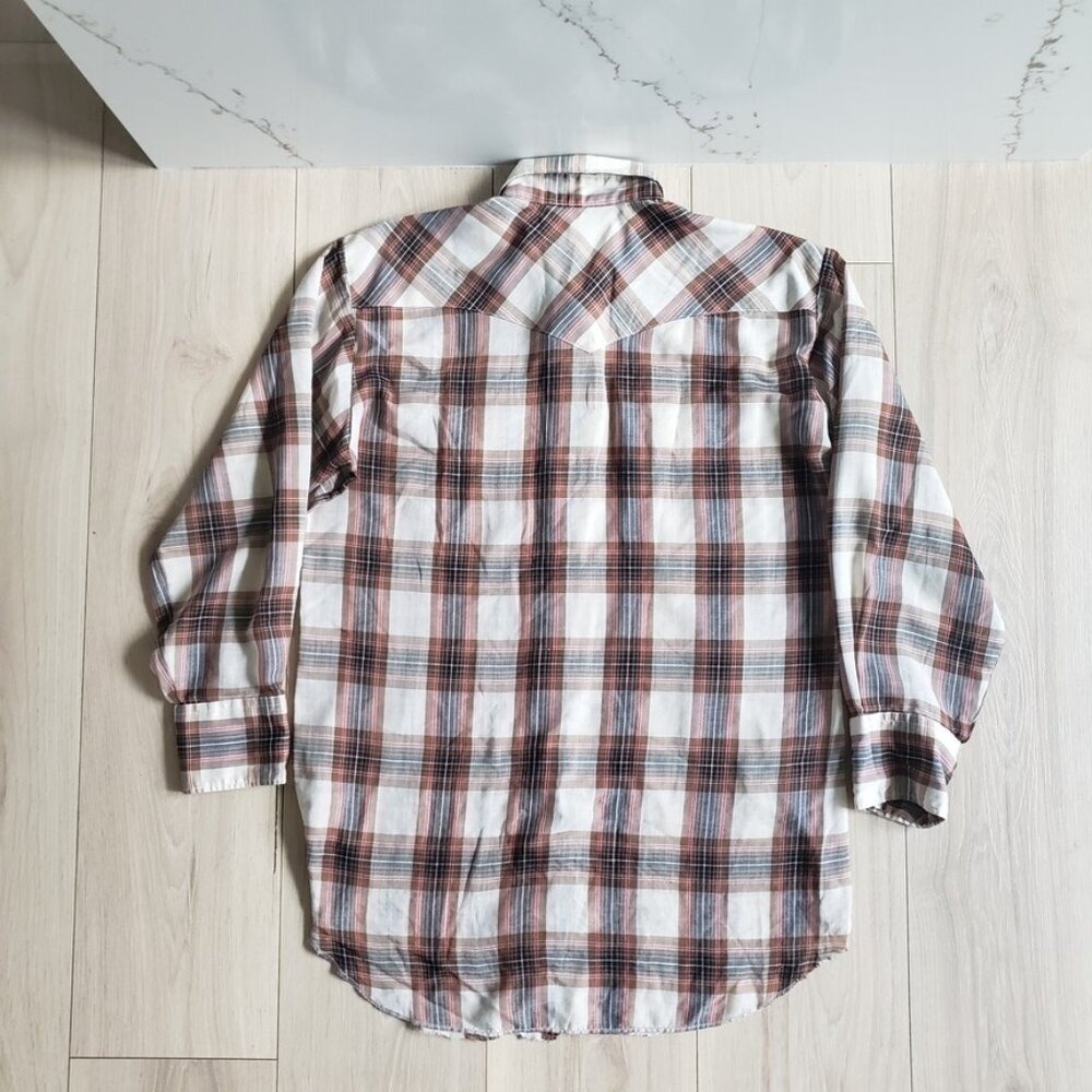 VTG H Bar C California Ranchwear Shirt Mens L Long Tail Tan Plaid Pearl Snap USA - Picture 3 of 7